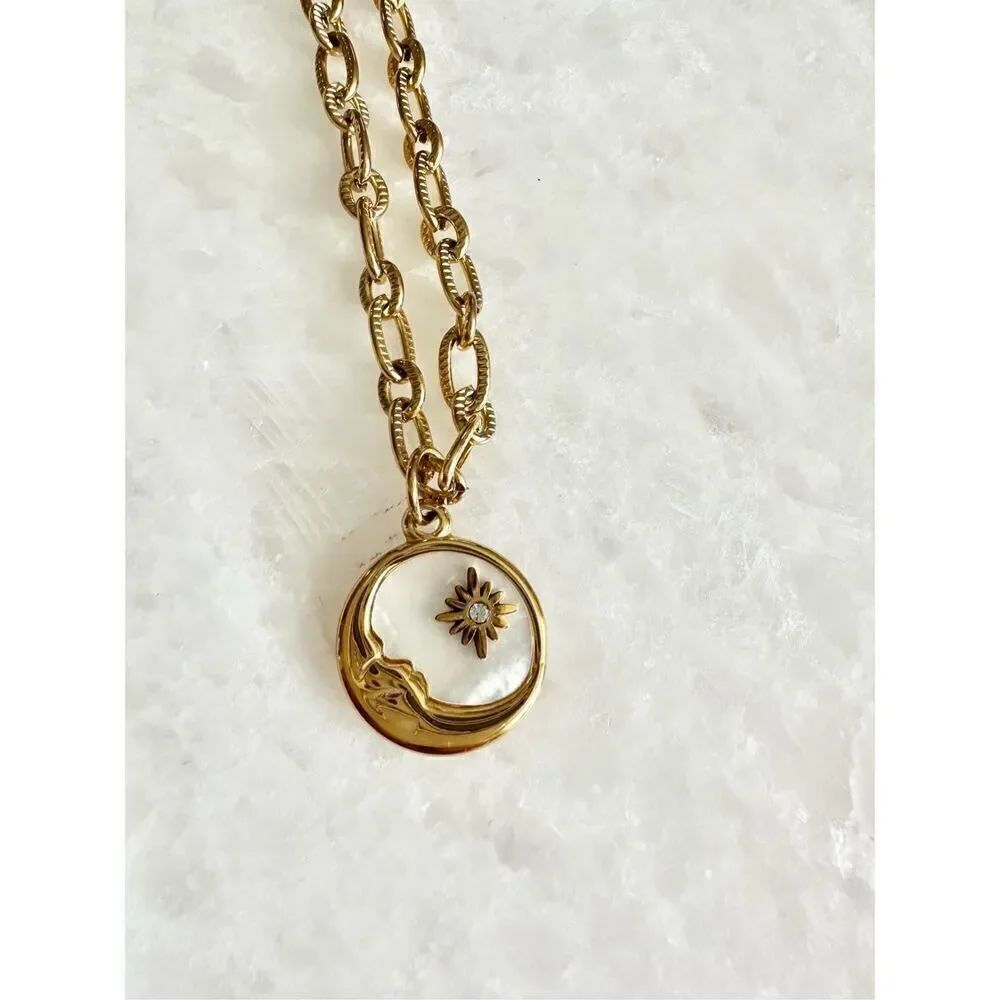 Pearlescent moon gold chain link necklace